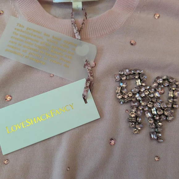 NWT LoveShackFancy Pink Cropped Sweater with Embellished Bow - Picture 5 of 9